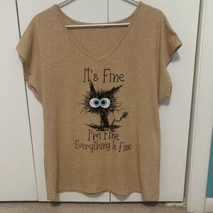 Graphic V-Neck Tee "It's Fine" - Tan with Black & Blue Print
